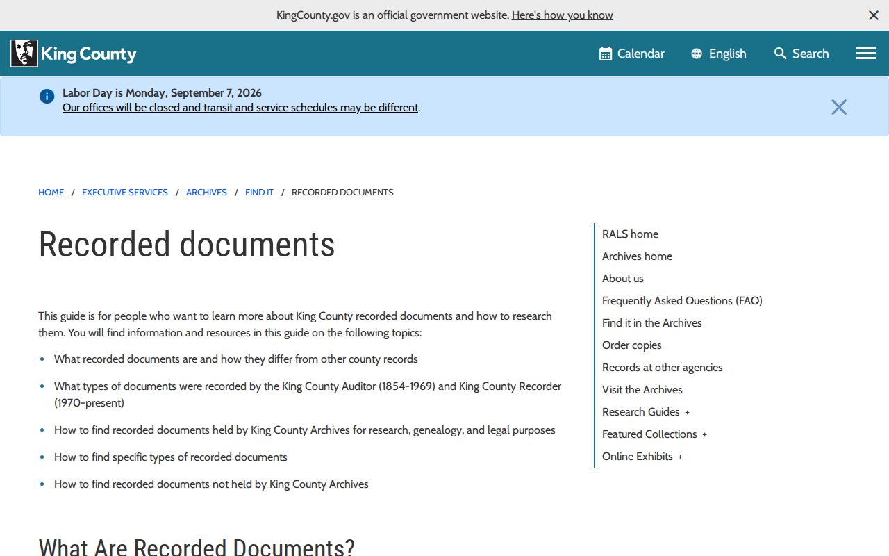 King County Archives recorded documents page used for Covington address history