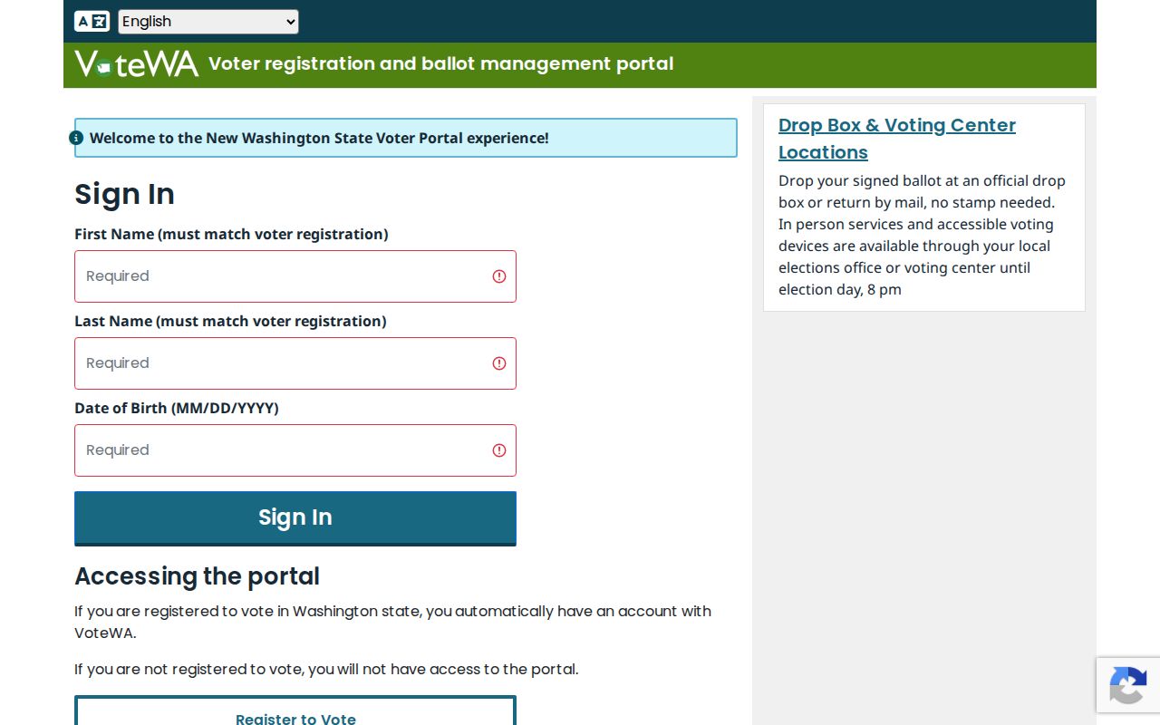 Washington VoteWA voter information entry screen used for a Covington resident lookup
