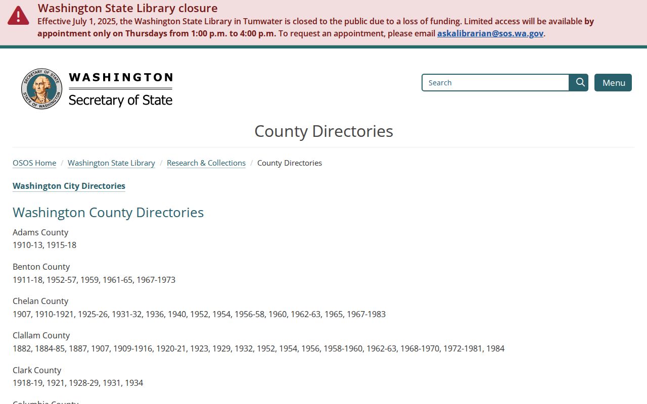 Washington State Library county directory collection for Covington research
