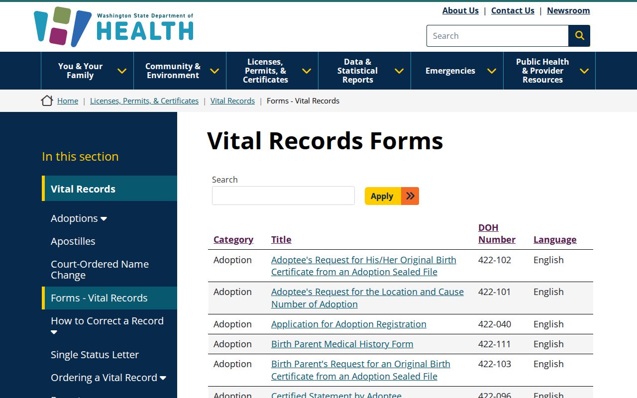 Washington Department of Health vital records forms for verifying a Covington resident event